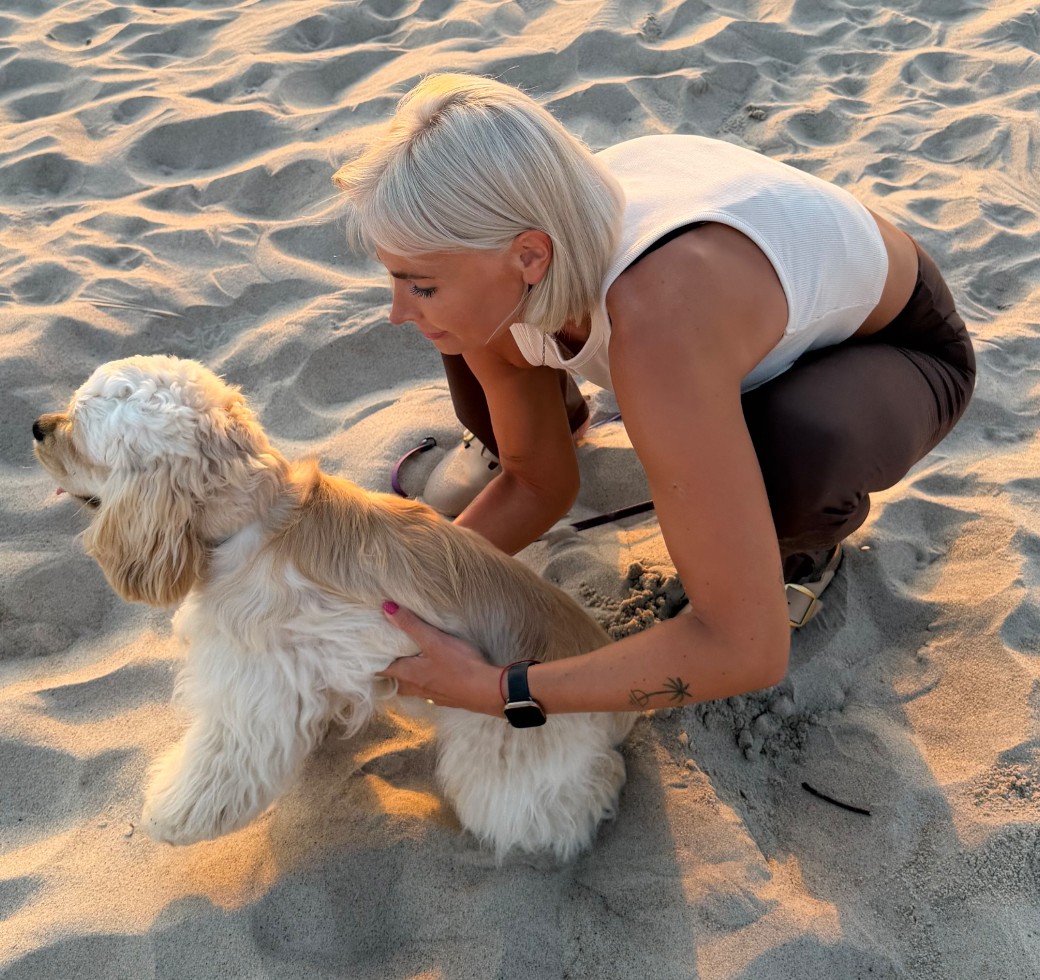 An owner sitting in the sand with her dog at sunset